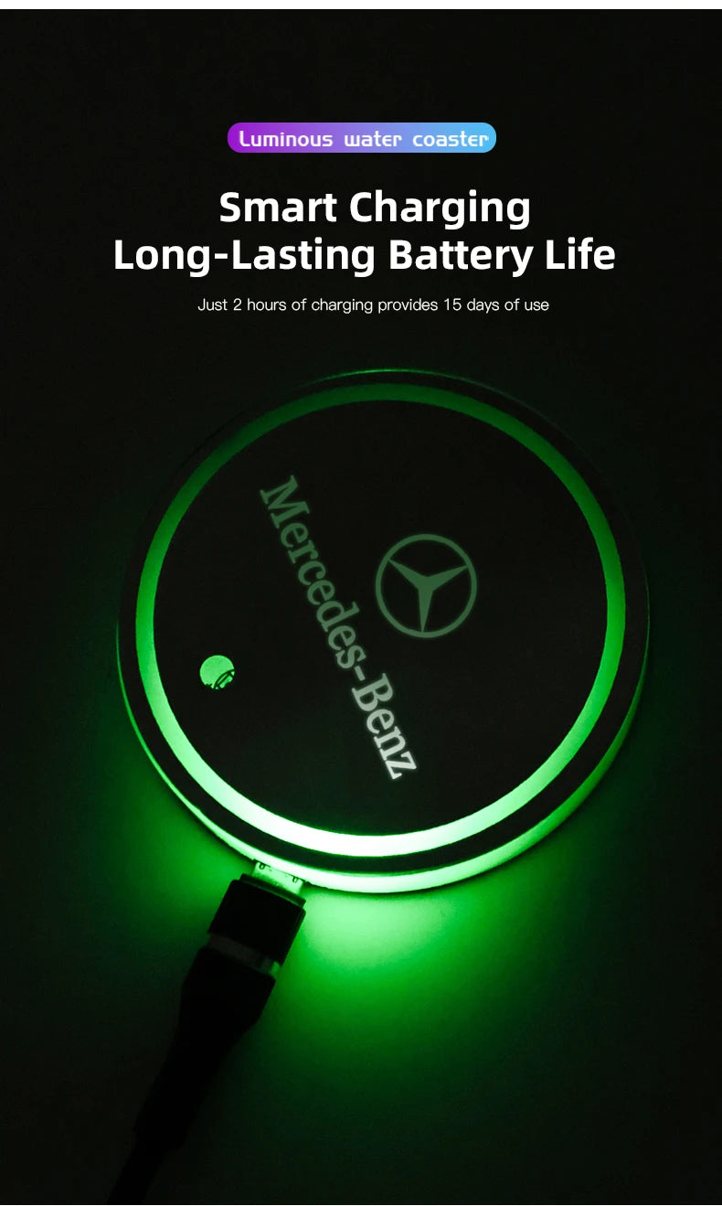 Car Glowing Coasters LED Light Water Cup Mat For Mercedes Benz AMG W203 W206 W220 W205 W211 Car USB Charging Coasters keychain