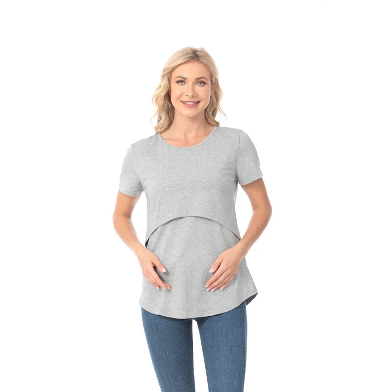Plus Size Maternity T-Shirt Short Sleeve Stretch Cotton Breastfeeding Tees Loose Nursing Tops for Pregnant Women