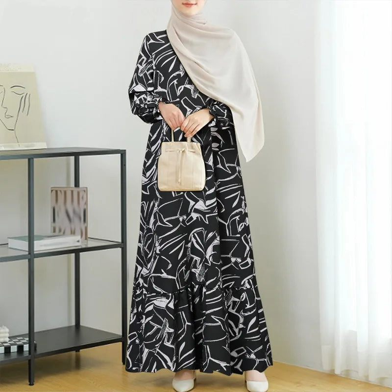 Muslim Women Abaya Middle East Fashion Long Sleeve Geometric Print Floral Dress