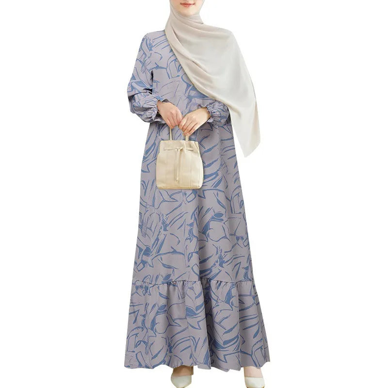 Muslim Women Abaya Middle East Fashion Long Sleeve Geometric Print Floral Dress