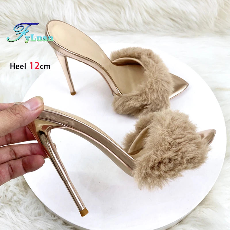 Summer 12CM Ladies Slippers Faux Fur Sexy Peep Toe Pointy Toe Women Shoes Slip-On Plus Size 46 Model Runway High Heel Sandals