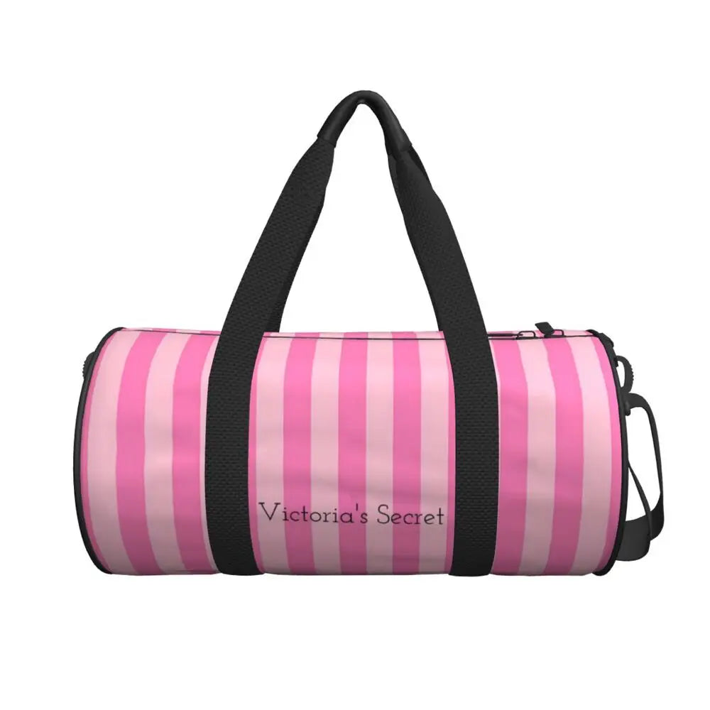 Pink White Stripe Round Capacity Travel Duffel Bag Male Female Large-Capacity Hand Luggage Sports Fitness Bag Travel Package
