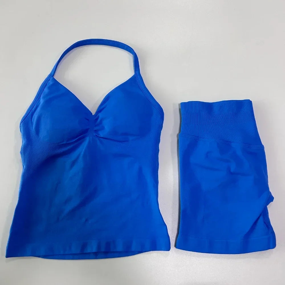 2 Pieces Sports Set Women Backless Tank Tops High Waist Scrunch Seamless Shorts Sport Suit Gym Set Sportswear Workout Set