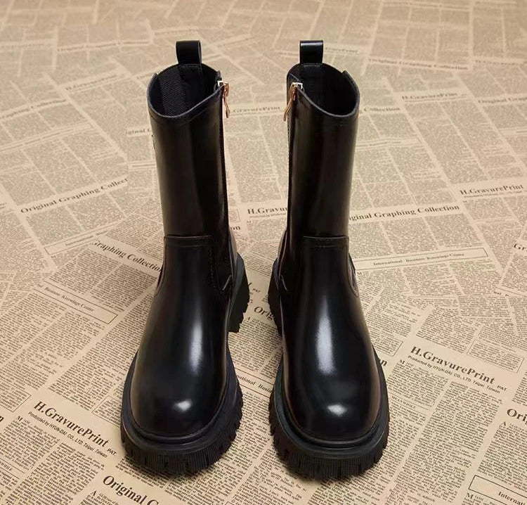 Women's Half High Boots Round Toe Chelsea Ladies Mid Calf Shoes Middle Heel Brown Footwear Spring Autumn Sale Gothic Demi-season