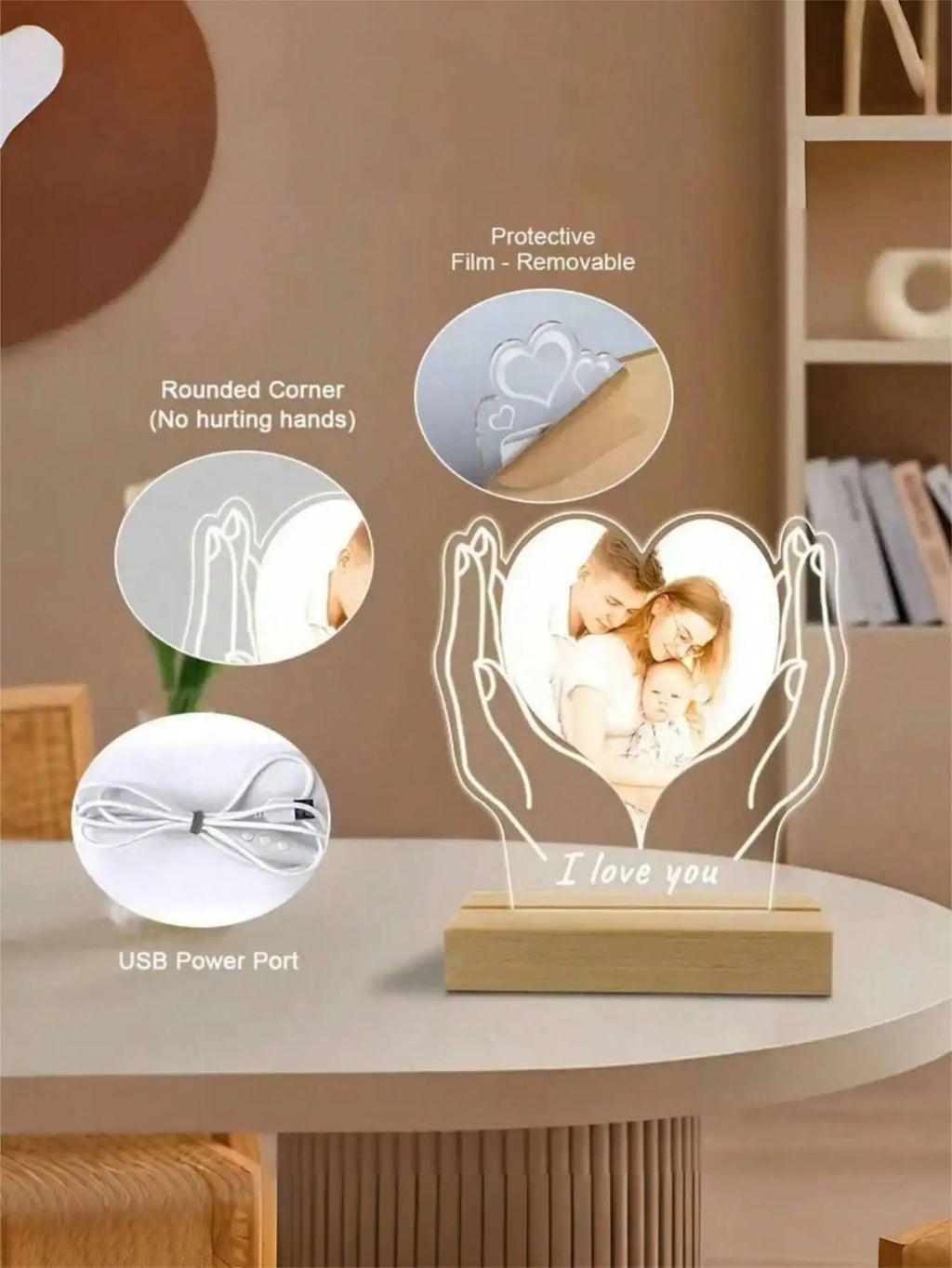 Personalized photo LED night light acrylic heart plaque wooden frame night light, baby ultrasound images, mother-to-be souvenirs