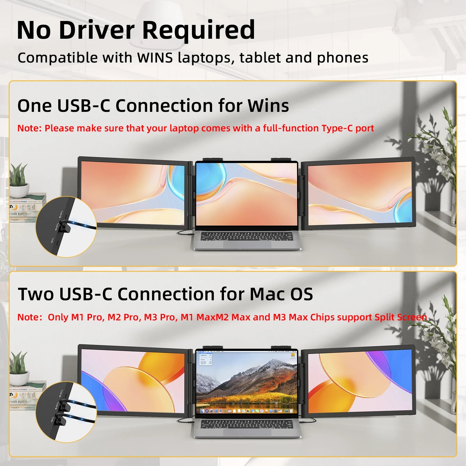 Amoudo14 Inch Dual Portable Monitor 1920*1080P IPS Portable Triple Monitor with USB-C Port for 14-16.5" Laptops Windows/Mac Xbox