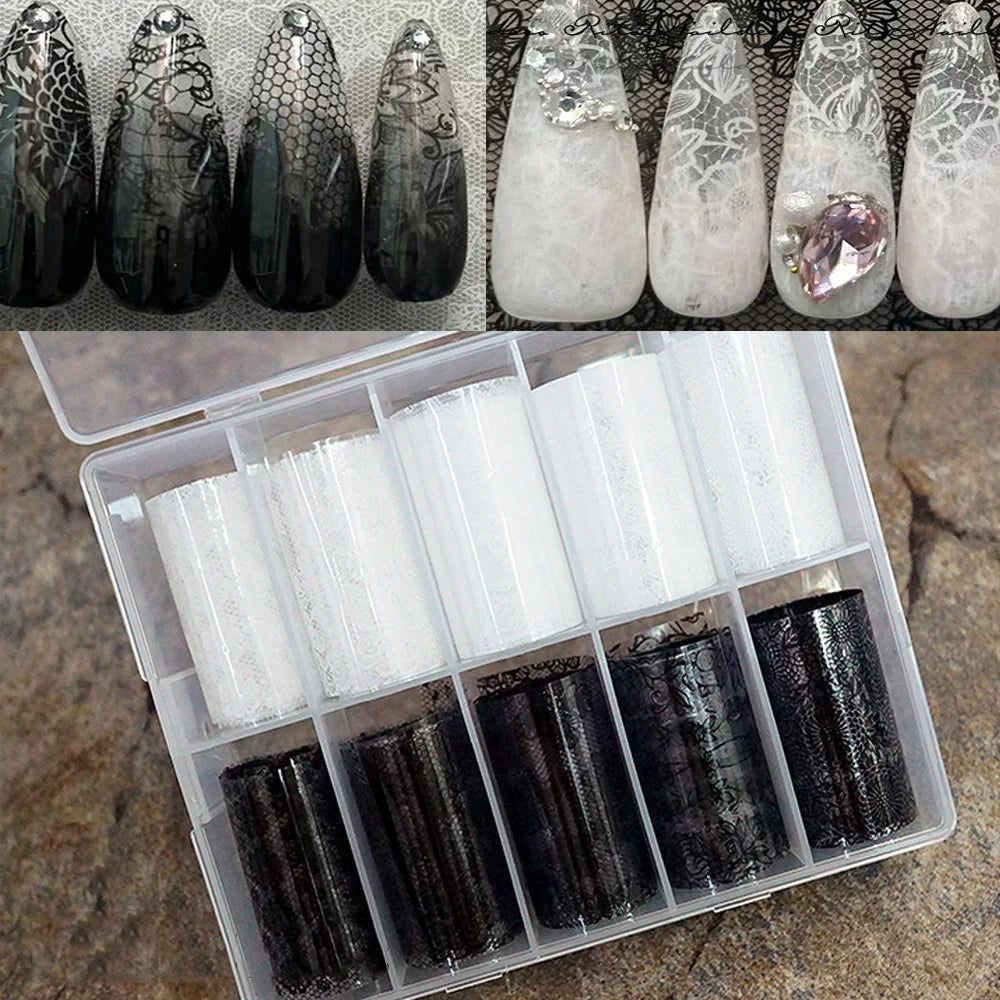 10 Rolls 2.5*50cm Sexy Lace Nail Foils Black White Transfer Paper Nail Art Stickers Stripe Lace Manicure Decals Nail Decorations