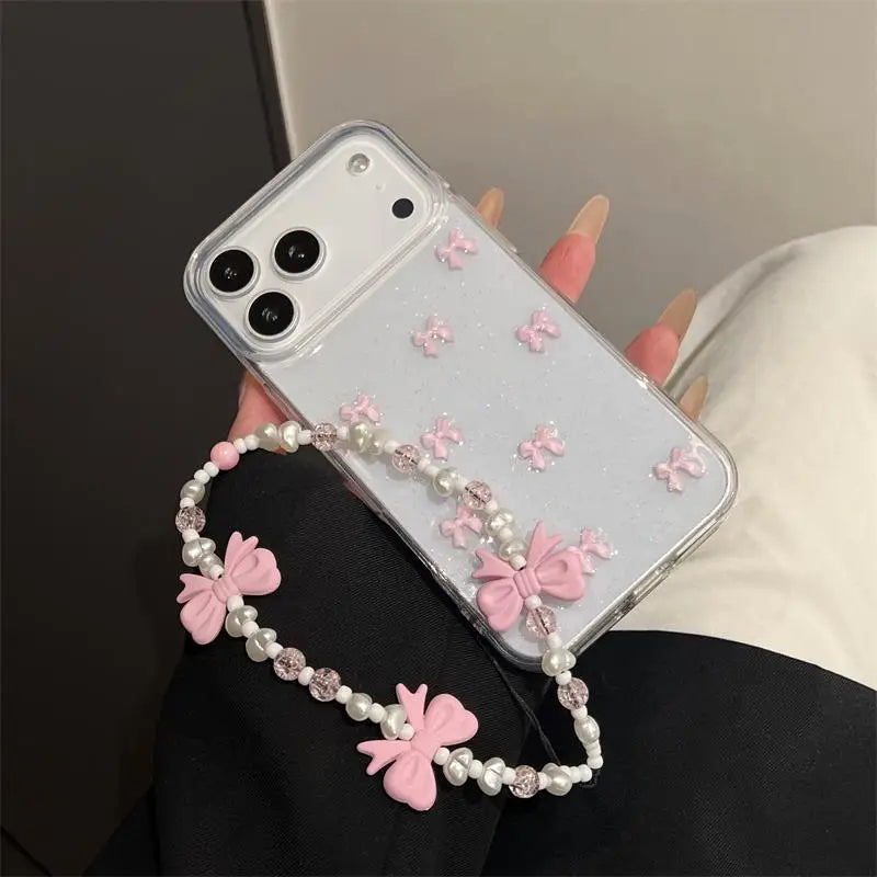 Korean Girl Pink Bowknot Phone Case For iPhone 17 Air 16 15 14 13 12 11 Pro Max 7 8 Plus X XR XS Max With Pink Bow Lanyard Cover