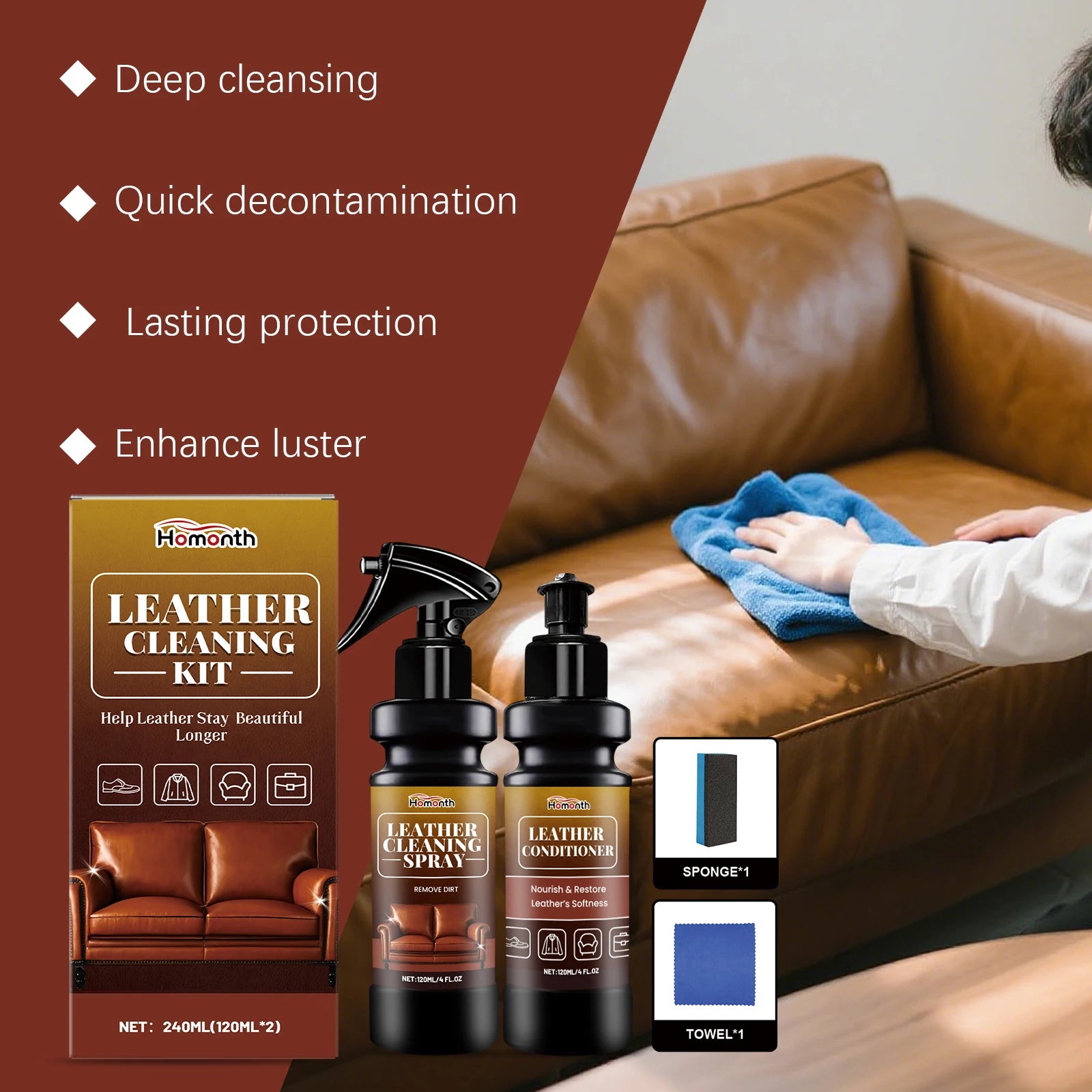 Leather Cleaner Conditioner Kit  Care Set Deep Spray Nourishing Cream Restores Softness Shine Prevents Cracking Includes Sponge